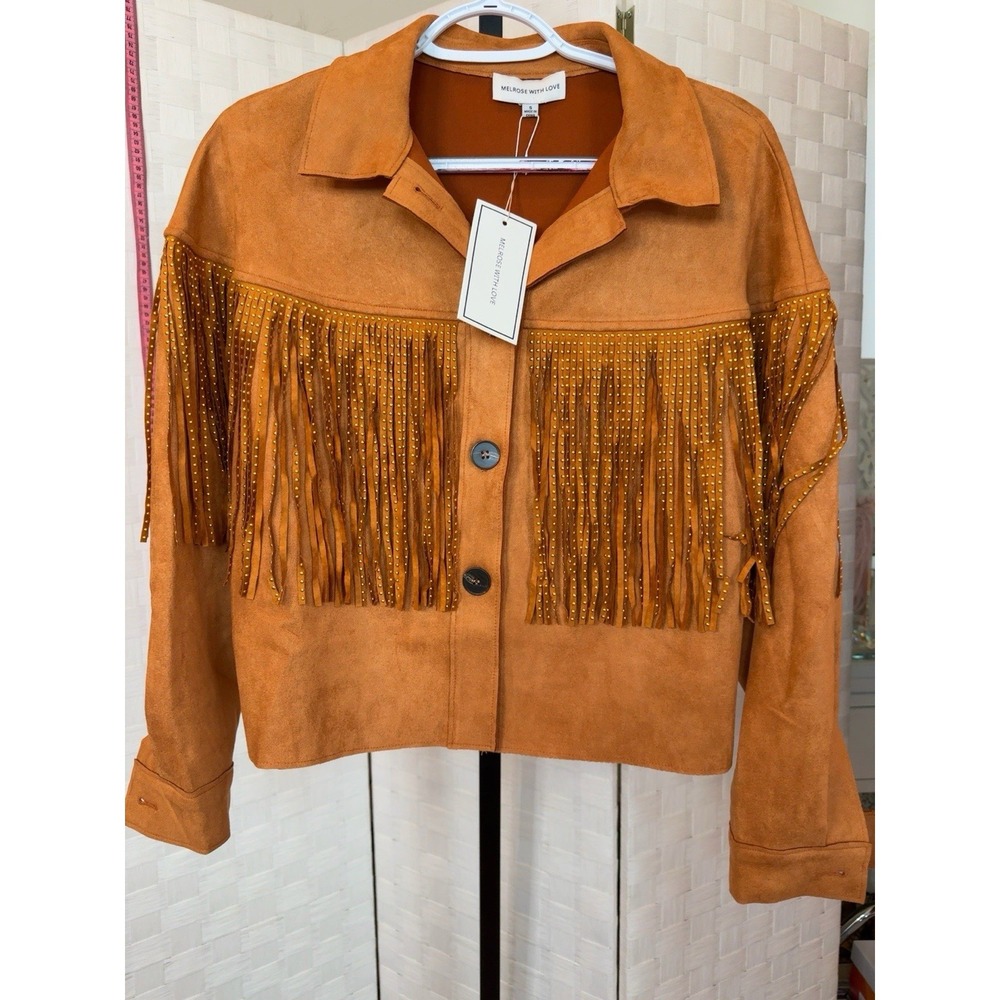 Melrose With Love Orange Rust Faux Suede Studded Fringe Jacket Western Festival - Picture 2 of 5